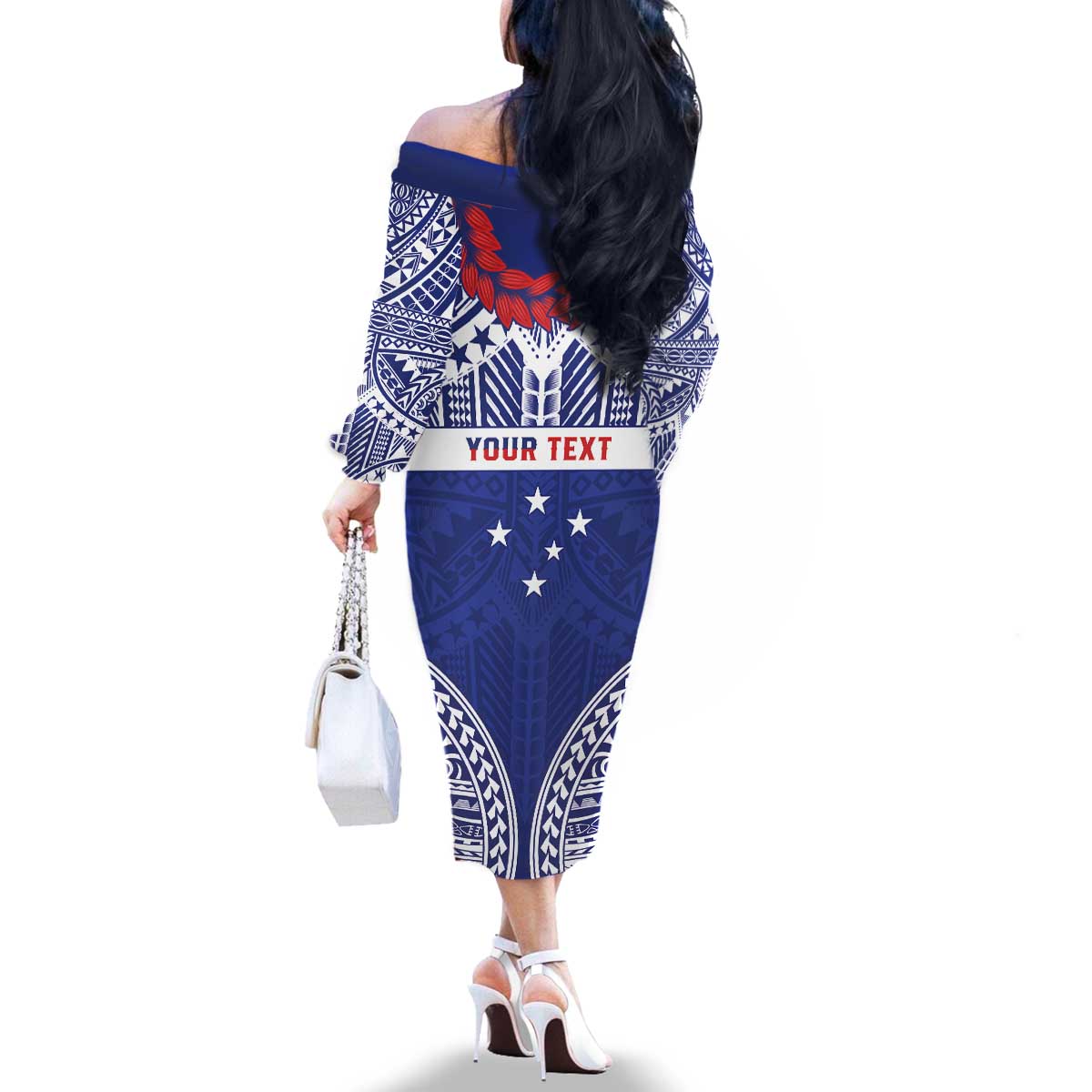 Personalised Toa Samoa Rugby Spirit Family Matching Off The Shoulder Long Sleeve Dress and Hawaiian Shirt Blue Samoan Tribal Pattern LT9 - Polynesian Pride