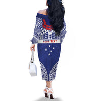 Personalised Toa Samoa Rugby Spirit Family Matching Off The Shoulder Long Sleeve Dress and Hawaiian Shirt Blue Samoan Tribal Pattern LT9 - Polynesian Pride