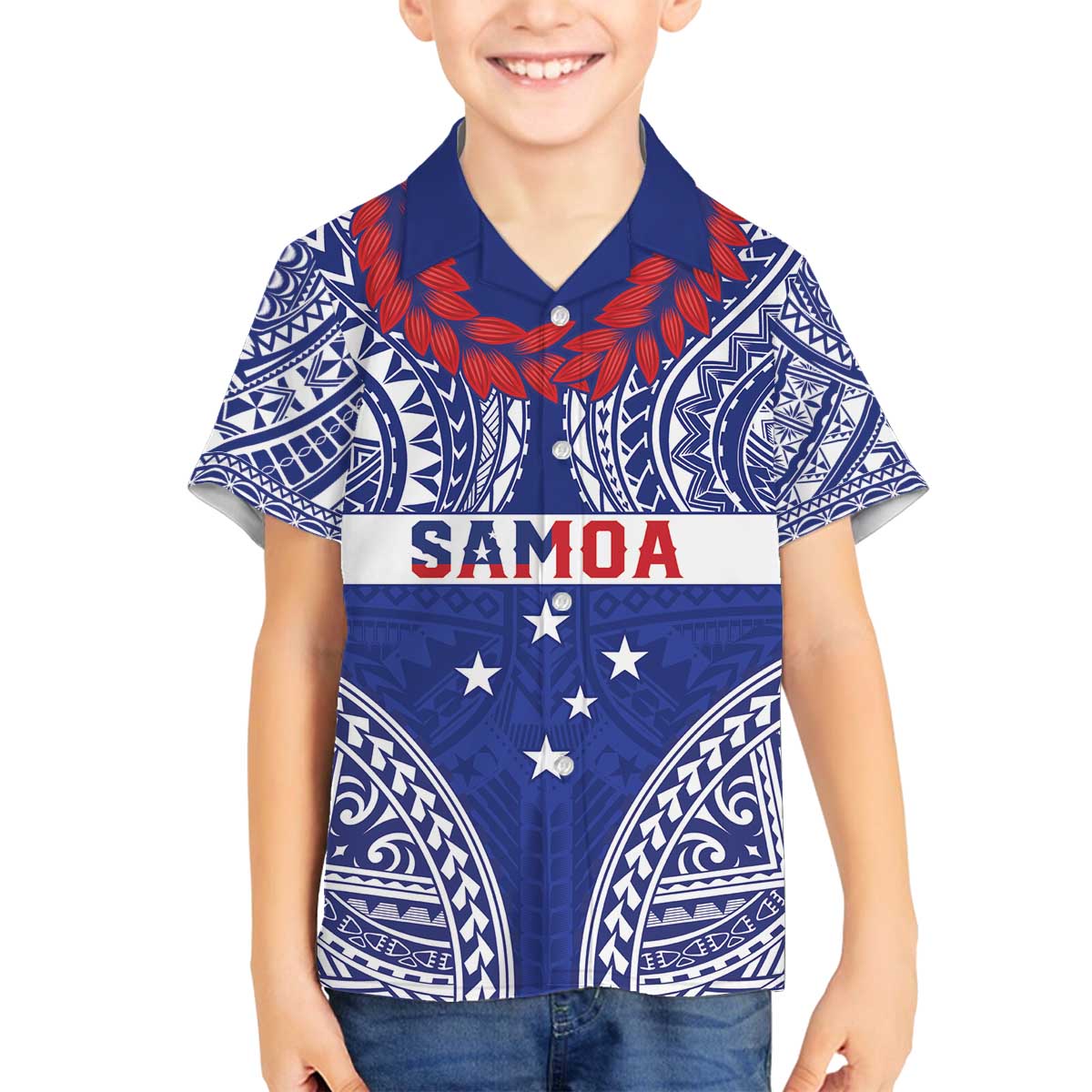 Personalised Toa Samoa Rugby Spirit Family Matching Off The Shoulder Long Sleeve Dress and Hawaiian Shirt Blue Samoan Tribal Pattern LT9 Son's Shirt Blue - Polynesian Pride