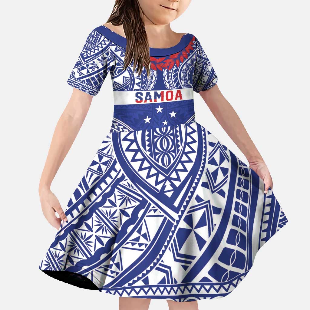 Personalised Toa Samoa Rugby Spirit Family Matching Off Shoulder Maxi Dress and Hawaiian Shirt Blue Samoan Tribal Pattern LT9 Daughter's Dress Blue - Polynesian Pride