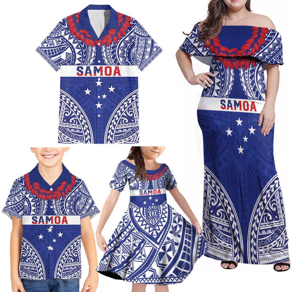 Personalised Toa Samoa Rugby Spirit Family Matching Off Shoulder Maxi Dress and Hawaiian Shirt Blue Samoan Tribal Pattern LT9 - Polynesian Pride