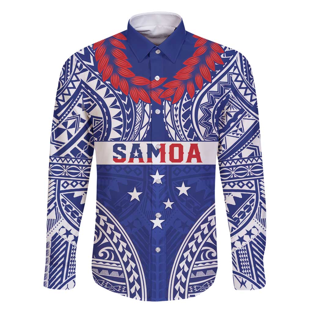 Personalised Toa Samoa Rugby Spirit Family Matching Off Shoulder Maxi Dress and Hawaiian Shirt Blue Samoan Tribal Pattern LT9 Dad's Shirt - Long Sleeve Blue - Polynesian Pride
