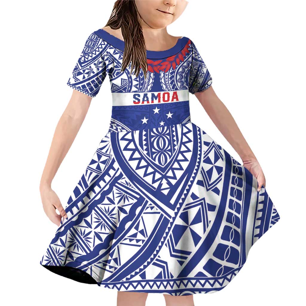 Personalised Toa Samoa Rugby Spirit Family Matching Off Shoulder Short Dress and Hawaiian Shirt Blue Samoan Tribal Pattern LT9 Daughter's Dress Blue - Polynesian Pride
