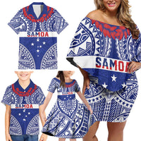 Personalised Toa Samoa Rugby Spirit Family Matching Off Shoulder Short Dress and Hawaiian Shirt Blue Samoan Tribal Pattern LT9 - Polynesian Pride