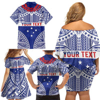 Personalised Toa Samoa Rugby Spirit Family Matching Off Shoulder Short Dress and Hawaiian Shirt Blue Samoan Tribal Pattern LT9 - Polynesian Pride