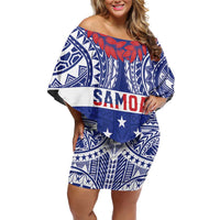 Personalised Toa Samoa Rugby Spirit Family Matching Off Shoulder Short Dress and Hawaiian Shirt Blue Samoan Tribal Pattern LT9 Mom's Dress Blue - Polynesian Pride