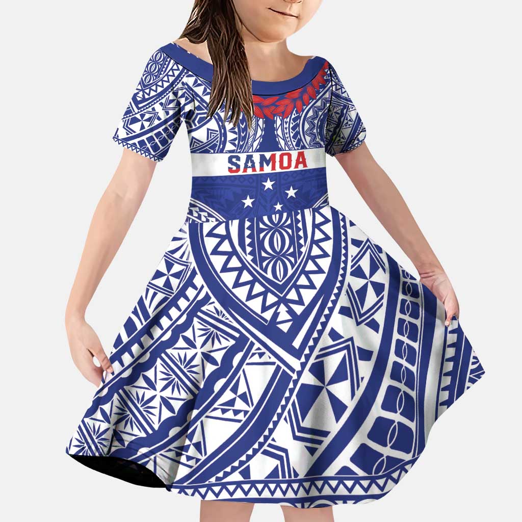 Personalised Toa Samoa Rugby Spirit Family Matching Puletasi and Hawaiian Shirt Blue Samoan Tribal Pattern LT9 Daughter's Dress Blue - Polynesian Pride