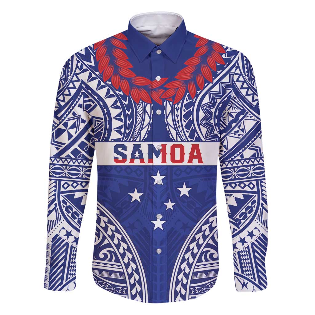 Personalised Toa Samoa Rugby Spirit Family Matching Puletasi and Hawaiian Shirt Blue Samoan Tribal Pattern LT9 Dad's Shirt - Long Sleeve Blue - Polynesian Pride