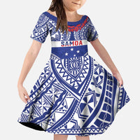Personalised Toa Samoa Rugby Spirit Family Matching Short Sleeve Bodycon Dress and Hawaiian Shirt Blue Samoan Tribal Pattern LT9 Daughter's Dress Blue - Polynesian Pride