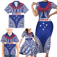 Personalised Toa Samoa Rugby Spirit Family Matching Short Sleeve Bodycon Dress and Hawaiian Shirt Blue Samoan Tribal Pattern LT9 - Polynesian Pride