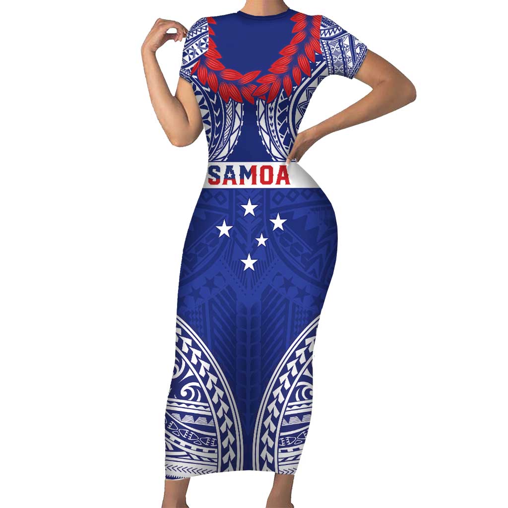 Personalised Toa Samoa Rugby Spirit Family Matching Short Sleeve Bodycon Dress and Hawaiian Shirt Blue Samoan Tribal Pattern LT9 Mom's Dress Blue - Polynesian Pride