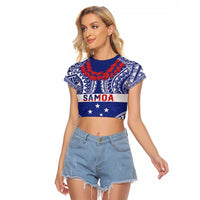 Personalised Toa Samoa Rugby Spirit Raglan Cropped T Shirt Blue Samoan Tribal Pattern - Polynesian Pride
