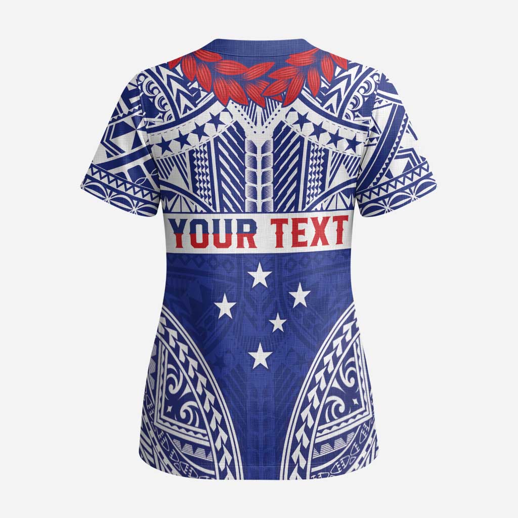 Personalised Toa Samoa Rugby Spirit Scrub Top Blue Samoan Tribal Pattern - Polynesian Pride