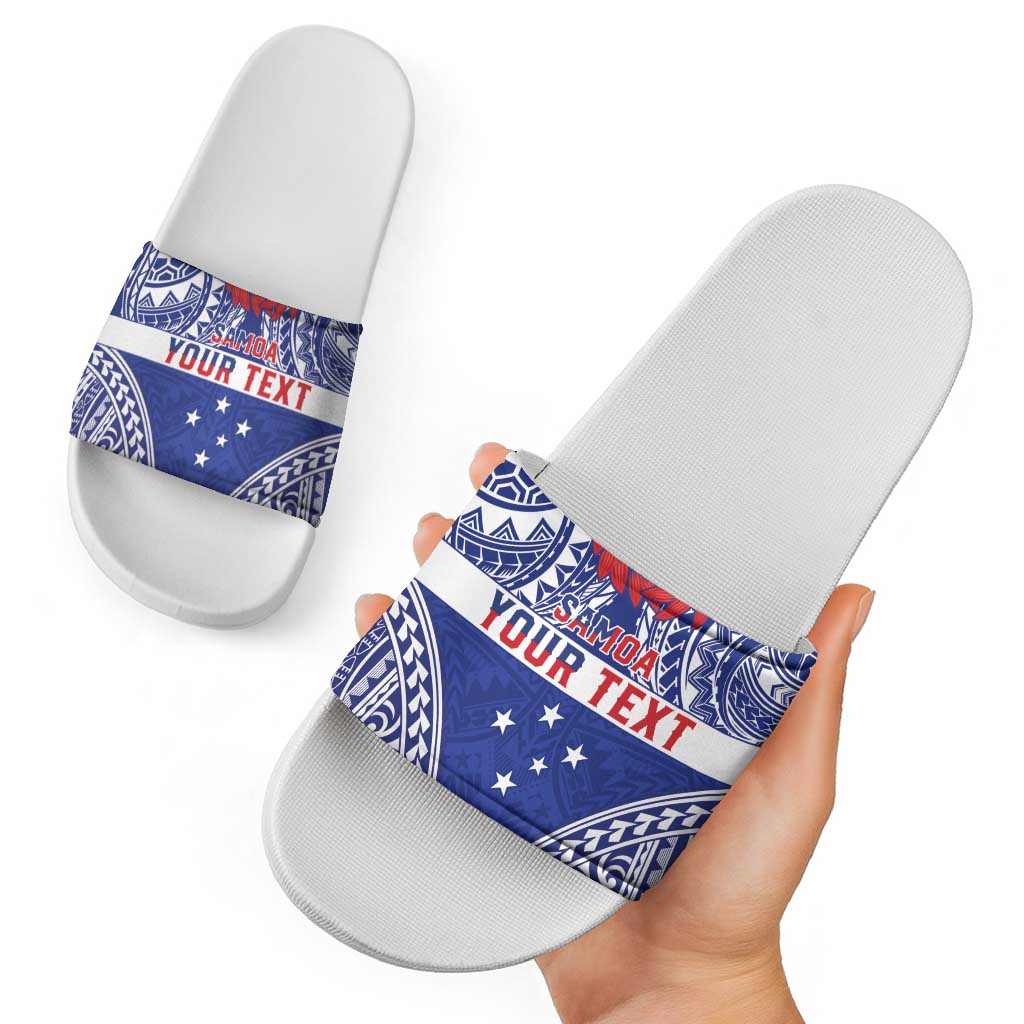 Personalised Toa Samoa Rugby Spirit Slide Sandals Blue Samoan Tribal Pattern - Polynesian Pride