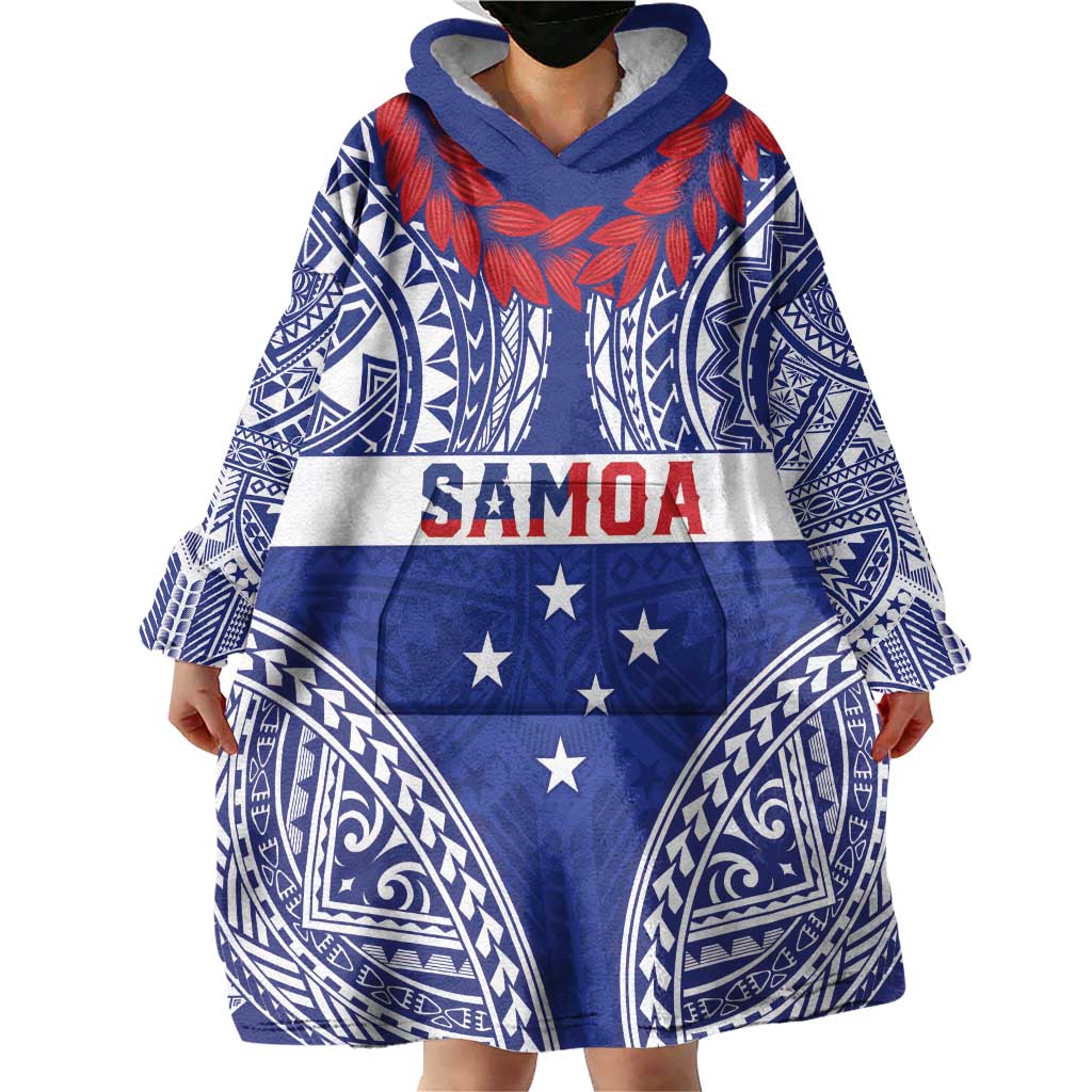 Personalised Toa Samoa Rugby Spirit Wearable Blanket Hoodie Blue Samoan Tribal Pattern - Polynesian Pride