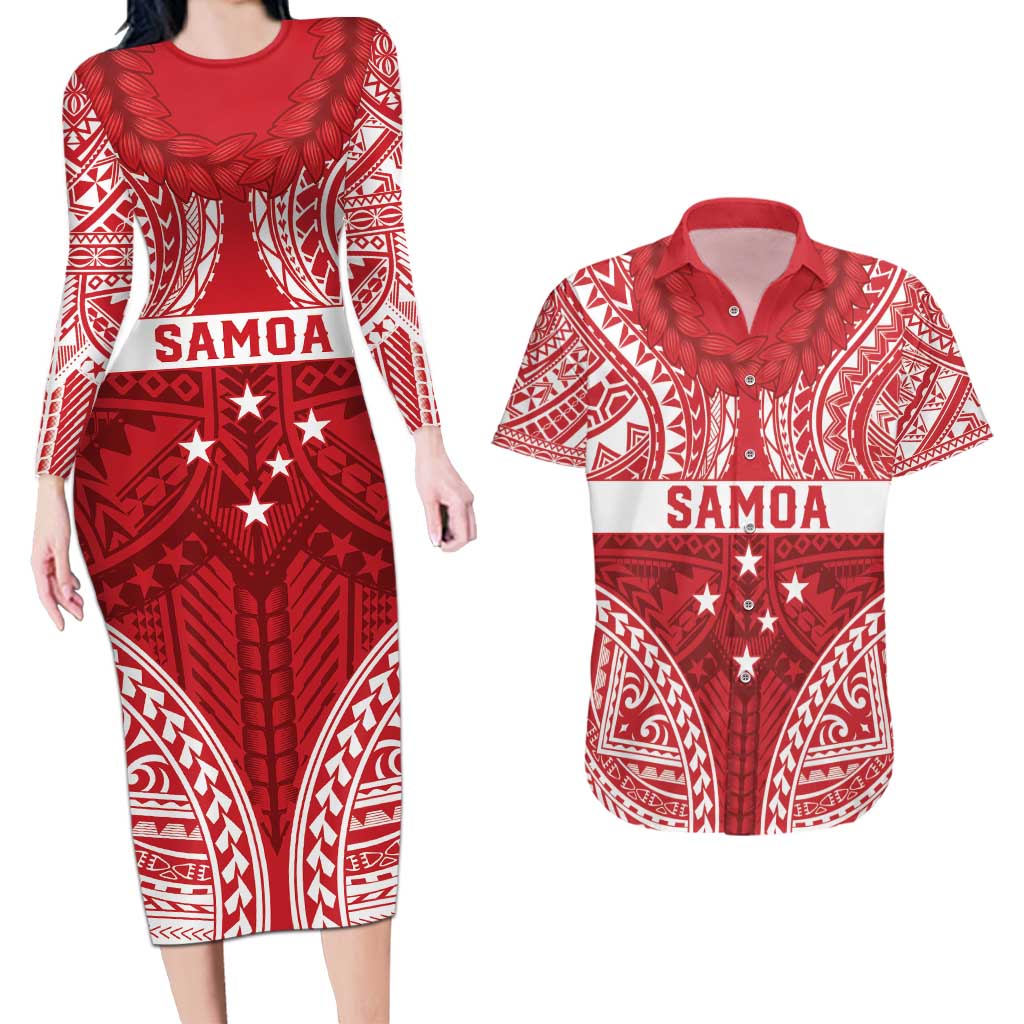 Personalised Toa Samoa Rugby Spirit Couples Matching Long Sleeve Bodycon Dress and Hawaiian Shirt Red Samoan Tribal Pattern LT9 Red - Polynesian Pride