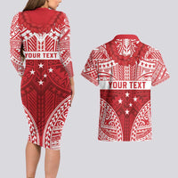 Personalised Toa Samoa Rugby Spirit Couples Matching Long Sleeve Bodycon Dress and Hawaiian Shirt Red Samoan Tribal Pattern LT9 - Polynesian Pride