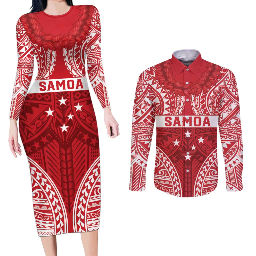 Personalised Toa Samoa Rugby Spirit Couples Matching Long Sleeve Bodycon Dress and Long Sleeve Button Shirt Red Samoan Tribal Pattern LT9 Red - Polynesian Pride