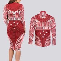 Personalised Toa Samoa Rugby Spirit Couples Matching Long Sleeve Bodycon Dress and Long Sleeve Button Shirt Red Samoan Tribal Pattern LT9 - Polynesian Pride