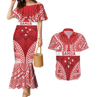Personalised Toa Samoa Rugby Spirit Couples Matching Mermaid Dress and Hawaiian Shirt Red Samoan Tribal Pattern LT9 Red - Polynesian Pride