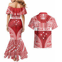 Personalised Toa Samoa Rugby Spirit Couples Matching Mermaid Dress and Hawaiian Shirt Red Samoan Tribal Pattern LT9 - Polynesian Pride