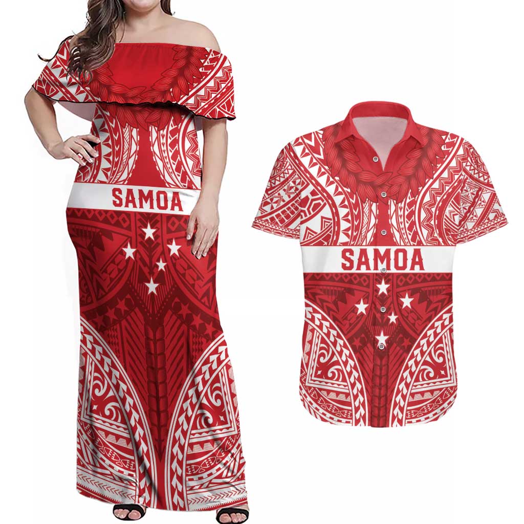 Personalised Toa Samoa Rugby Spirit Couples Matching Off Shoulder Maxi Dress and Hawaiian Shirt Red Samoan Tribal Pattern LT9 Red - Polynesian Pride