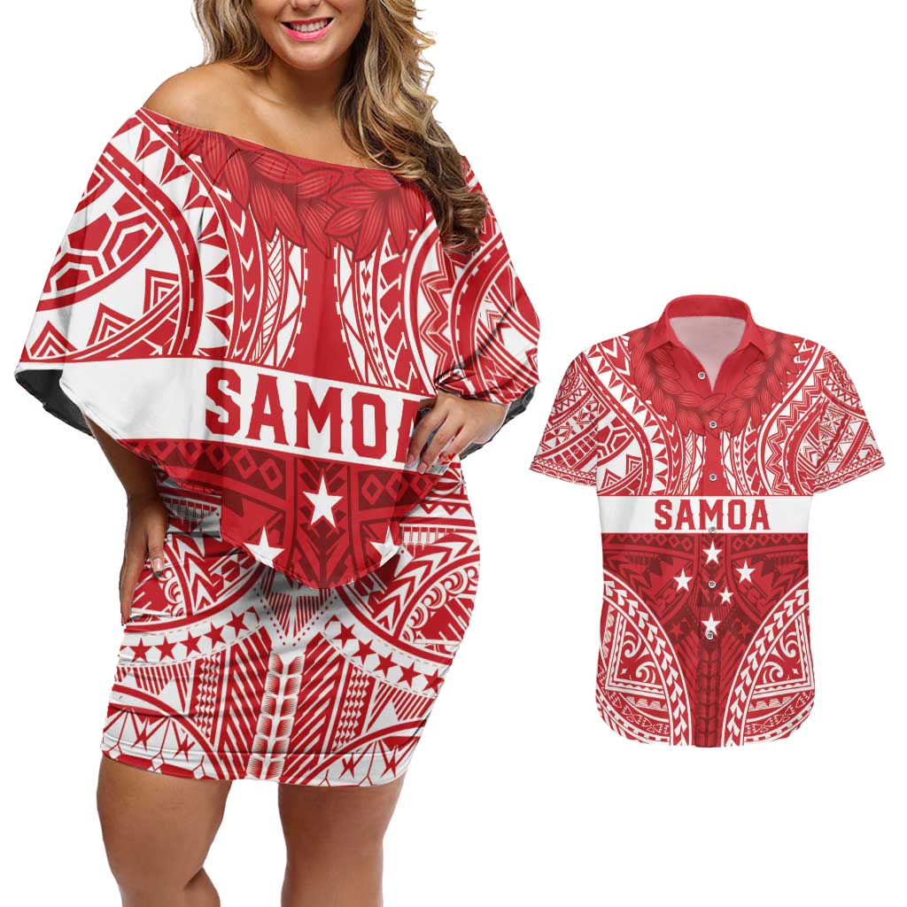 Personalised Toa Samoa Rugby Spirit Couples Matching Off Shoulder Short Dress and Hawaiian Shirt Red Samoan Tribal Pattern LT9 Red - Polynesian Pride