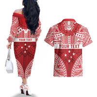 Personalised Toa Samoa Rugby Spirit Couples Matching Off The Shoulder Long Sleeve Dress and Hawaiian Shirt Red Samoan Tribal Pattern LT9 - Polynesian Pride