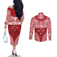 Personalised Toa Samoa Rugby Spirit Couples Matching Off The Shoulder Long Sleeve Dress and Long Sleeve Button Shirt Red Samoan Tribal Pattern LT9 - Polynesian Pride