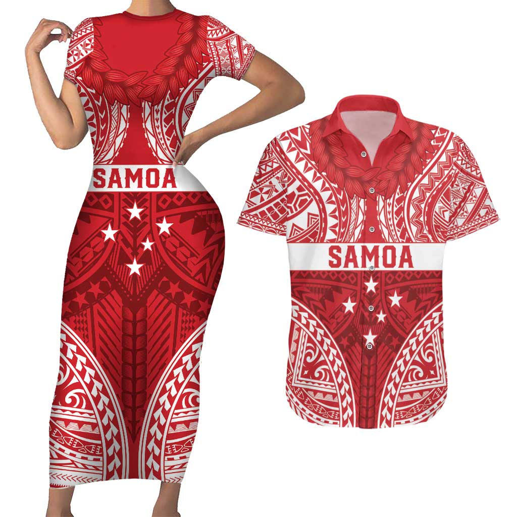 Personalised Toa Samoa Rugby Spirit Couples Matching Short Sleeve Bodycon Dress and Hawaiian Shirt Red Samoan Tribal Pattern LT9 Red - Polynesian Pride