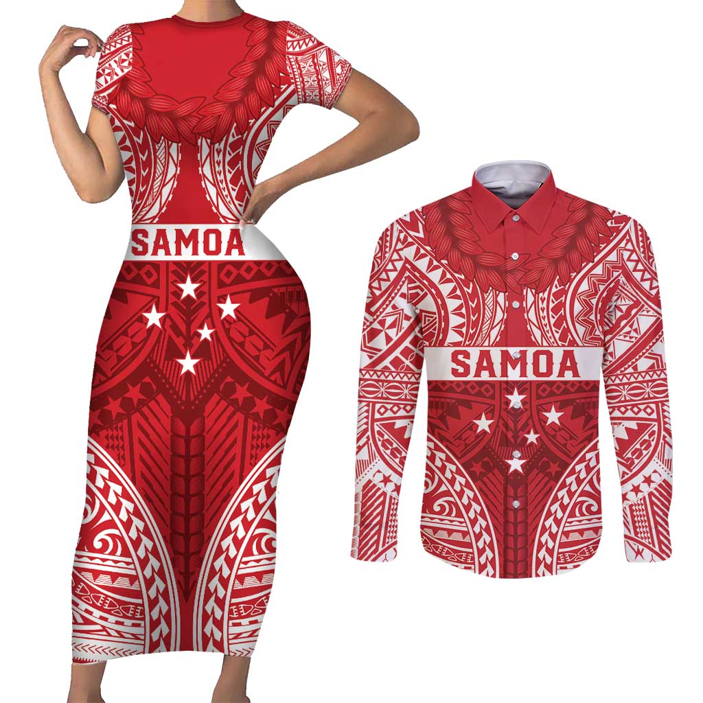 Personalised Toa Samoa Rugby Spirit Couples Matching Short Sleeve Bodycon Dress and Long Sleeve Button Shirt Red Samoan Tribal Pattern LT9 Red - Polynesian Pride