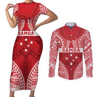 Personalised Toa Samoa Rugby Spirit Couples Matching Short Sleeve Bodycon Dress and Long Sleeve Button Shirt Red Samoan Tribal Pattern LT9 Red - Polynesian Pride