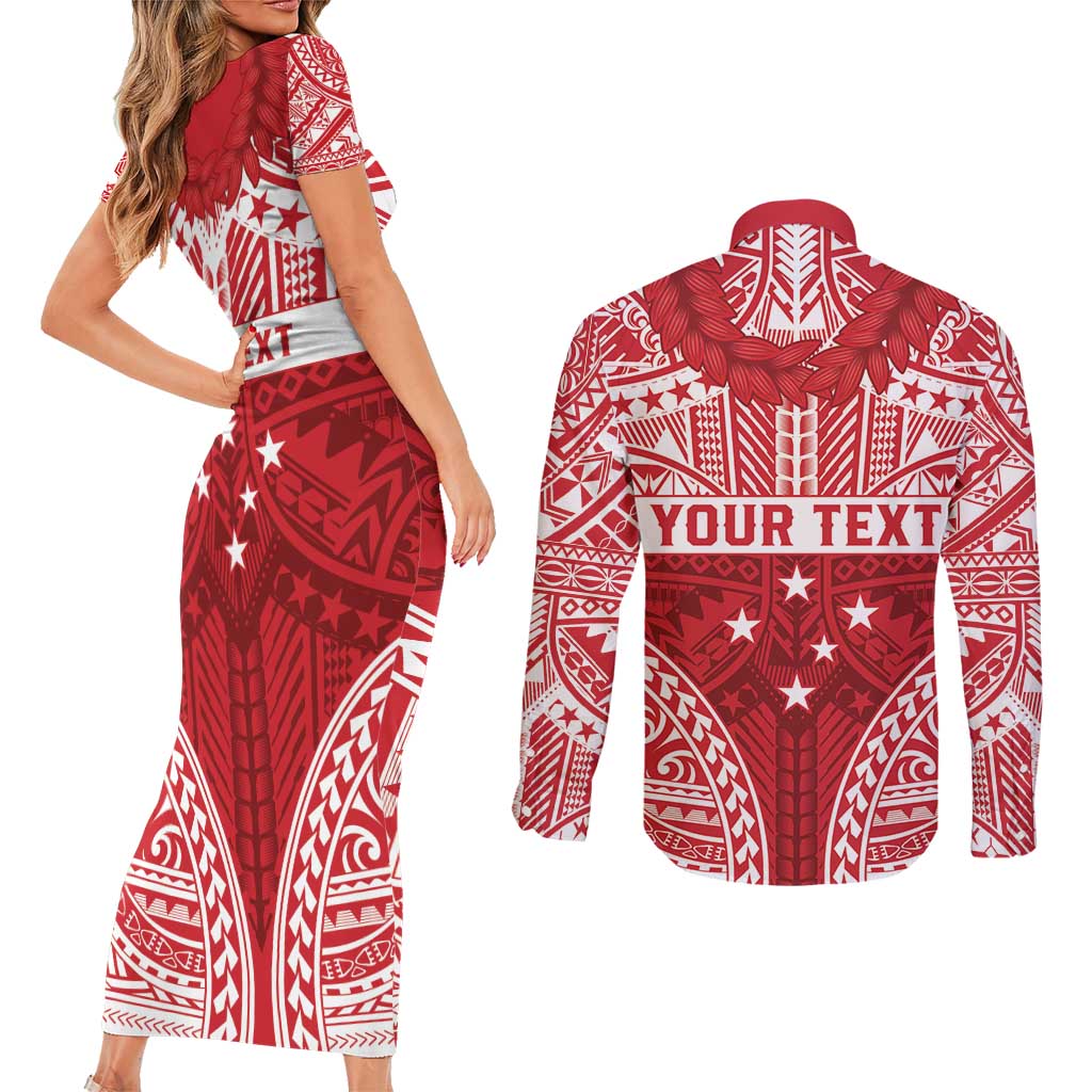 Personalised Toa Samoa Rugby Spirit Couples Matching Short Sleeve Bodycon Dress and Long Sleeve Button Shirt Red Samoan Tribal Pattern LT9 - Polynesian Pride