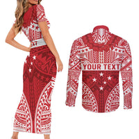 Personalised Toa Samoa Rugby Spirit Couples Matching Short Sleeve Bodycon Dress and Long Sleeve Button Shirt Red Samoan Tribal Pattern LT9 - Polynesian Pride