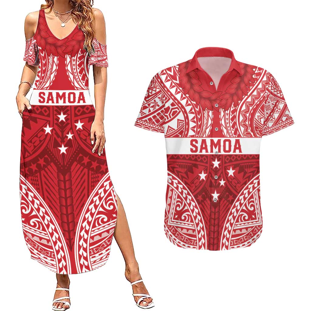 Personalised Toa Samoa Rugby Spirit Couples Matching Summer Maxi Dress and Hawaiian Shirt Red Samoan Tribal Pattern LT9 Red - Polynesian Pride