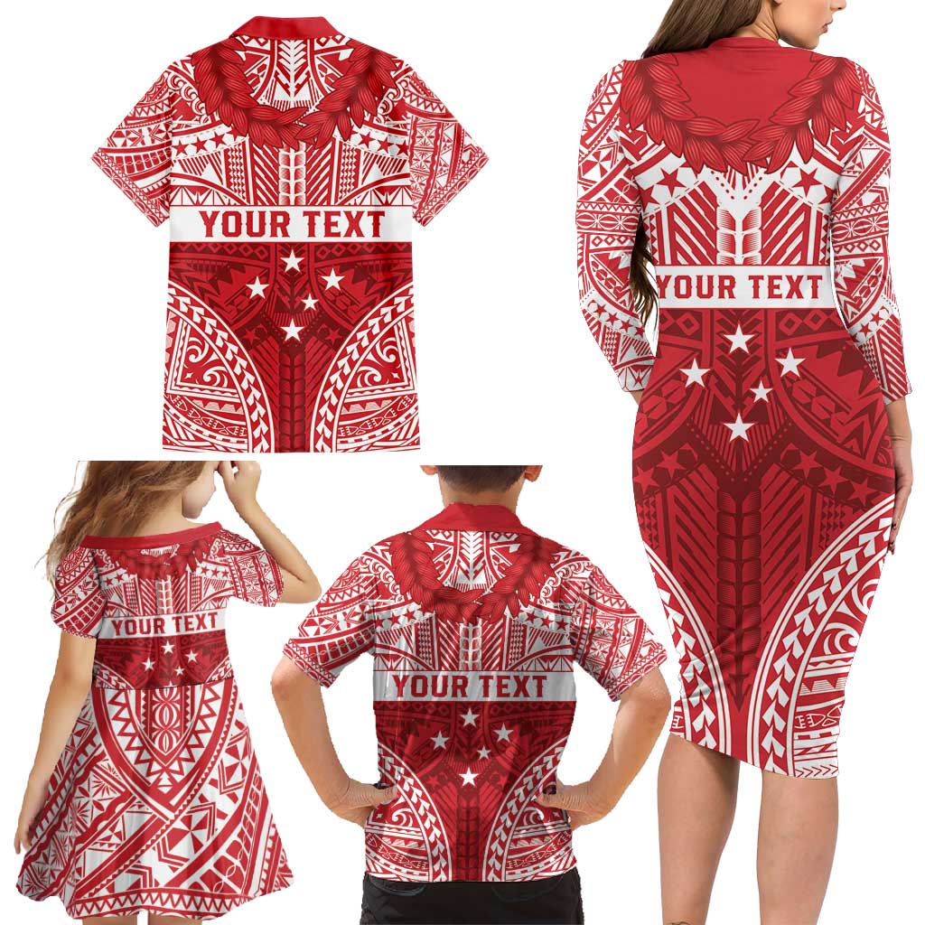 Personalised Toa Samoa Rugby Spirit Family Matching Long Sleeve Bodycon Dress and Hawaiian Shirt Red Samoan Tribal Pattern LT9 - Polynesian Pride