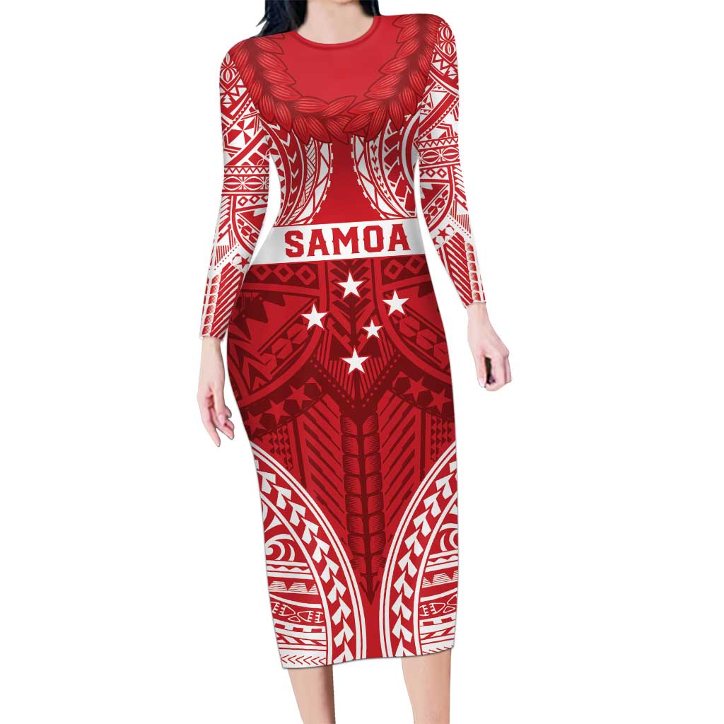 Personalised Toa Samoa Rugby Spirit Family Matching Long Sleeve Bodycon Dress and Hawaiian Shirt Red Samoan Tribal Pattern LT9 Mom's Dress Red - Polynesian Pride