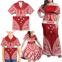 Personalised Toa Samoa Rugby Spirit Family Matching Off Shoulder Maxi Dress and Hawaiian Shirt Red Samoan Tribal Pattern LT9 - Polynesian Pride