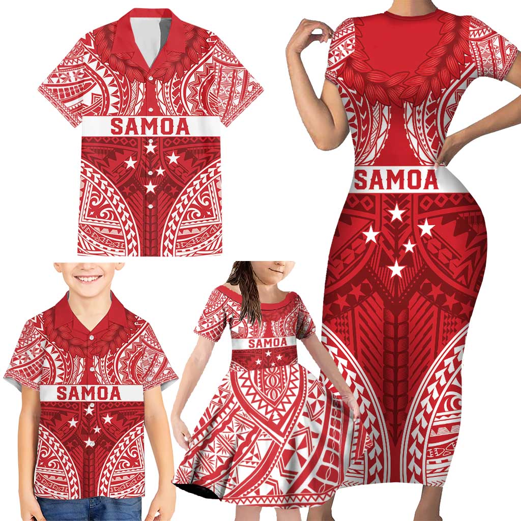Personalised Toa Samoa Rugby Spirit Family Matching Short Sleeve Bodycon Dress and Hawaiian Shirt Red Samoan Tribal Pattern LT9 - Polynesian Pride