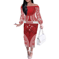 Personalised Toa Samoa Rugby Spirit Off The Shoulder Long Sleeve Dress Red Samoan Tribal Pattern - Polynesian Pride