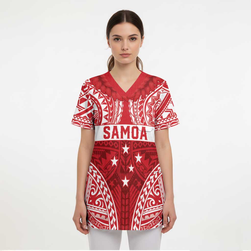 Personalised Toa Samoa Rugby Spirit Scrub Top Red Samoan Tribal Pattern - Polynesian Pride