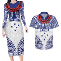 Personalised Toa Samoa Rugby Spirit Couples Matching Long Sleeve Bodycon Dress and Hawaiian Shirt White Samoan Tribal Pattern LT9 White - Polynesian Pride