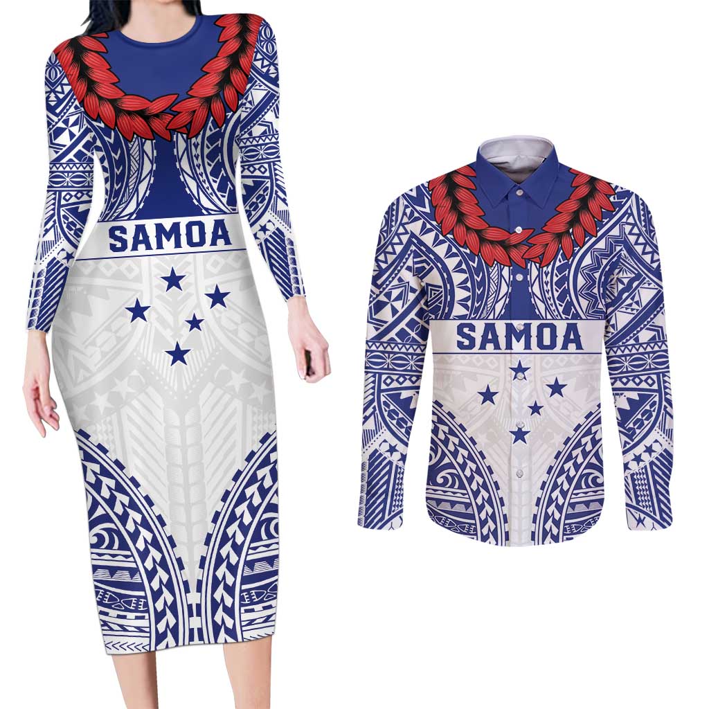 Personalised Toa Samoa Rugby Spirit Couples Matching Long Sleeve Bodycon Dress and Long Sleeve Button Shirt White Samoan Tribal Pattern LT9 White - Polynesian Pride