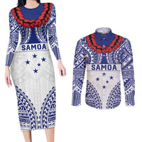Personalised Toa Samoa Rugby Spirit Couples Matching Long Sleeve Bodycon Dress and Long Sleeve Button Shirt White Samoan Tribal Pattern LT9 White - Polynesian Pride