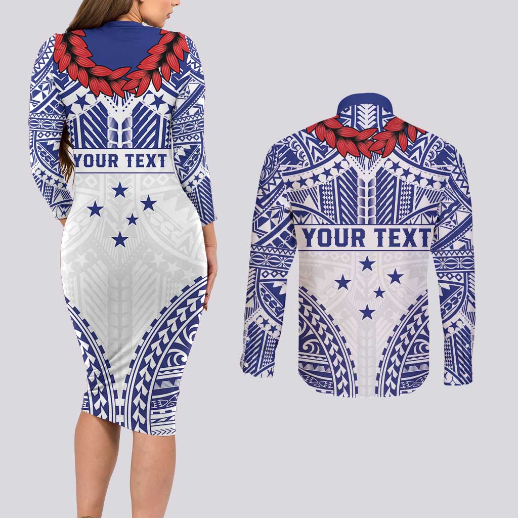 Personalised Toa Samoa Rugby Spirit Couples Matching Long Sleeve Bodycon Dress and Long Sleeve Button Shirt White Samoan Tribal Pattern LT9 - Polynesian Pride