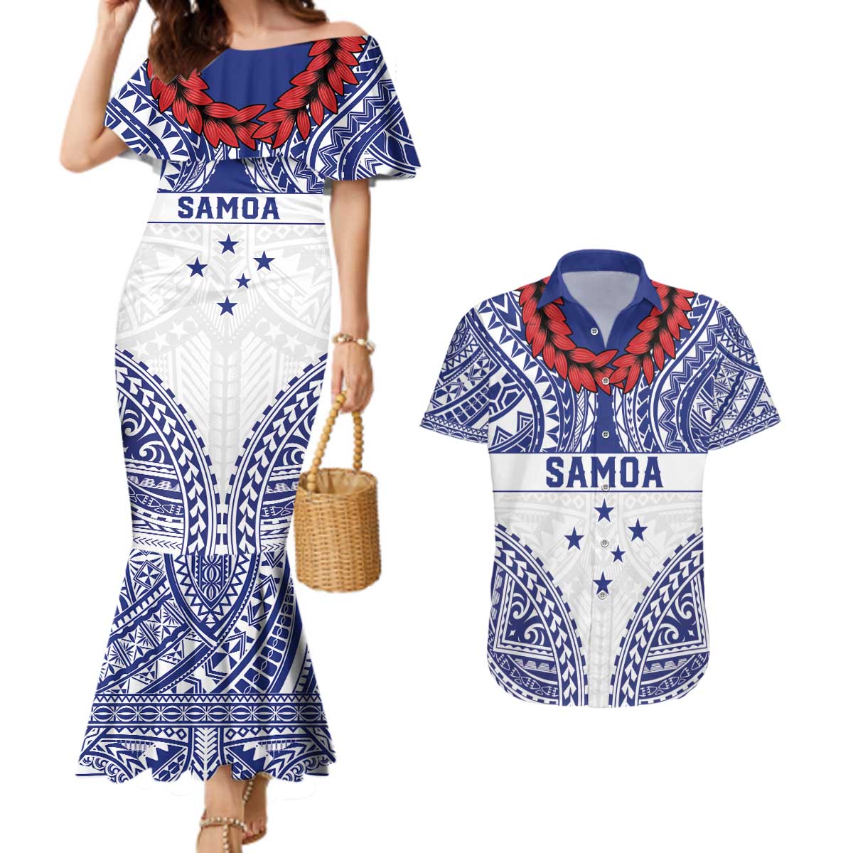 Personalised Toa Samoa Rugby Spirit Couples Matching Mermaid Dress and Hawaiian Shirt White Samoan Tribal Pattern LT9 White - Polynesian Pride
