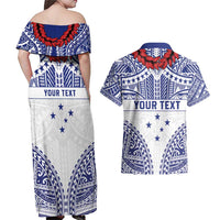 Personalised Toa Samoa Rugby Spirit Couples Matching Off Shoulder Maxi Dress and Hawaiian Shirt White Samoan Tribal Pattern LT9 - Polynesian Pride