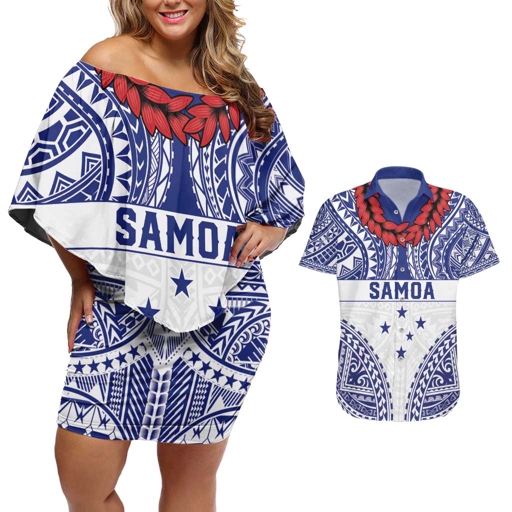 Personalised Toa Samoa Rugby Spirit Couples Matching Off Shoulder Short Dress and Hawaiian Shirt White Samoan Tribal Pattern LT9 White - Polynesian Pride