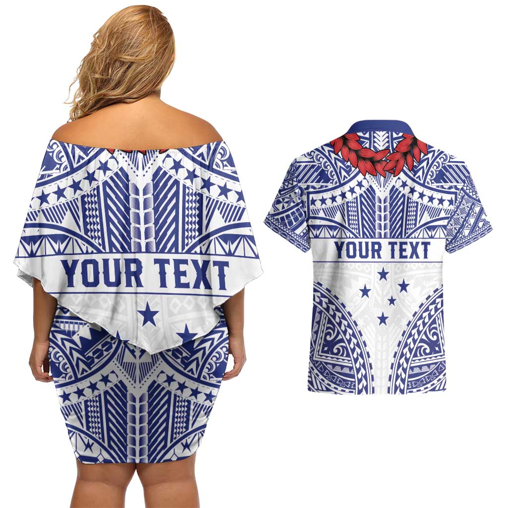 Personalised Toa Samoa Rugby Spirit Couples Matching Off Shoulder Short Dress and Hawaiian Shirt White Samoan Tribal Pattern LT9 - Polynesian Pride