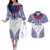 Personalised Toa Samoa Rugby Spirit Couples Matching Off The Shoulder Long Sleeve Dress and Hawaiian Shirt White Samoan Tribal Pattern LT9 White - Polynesian Pride